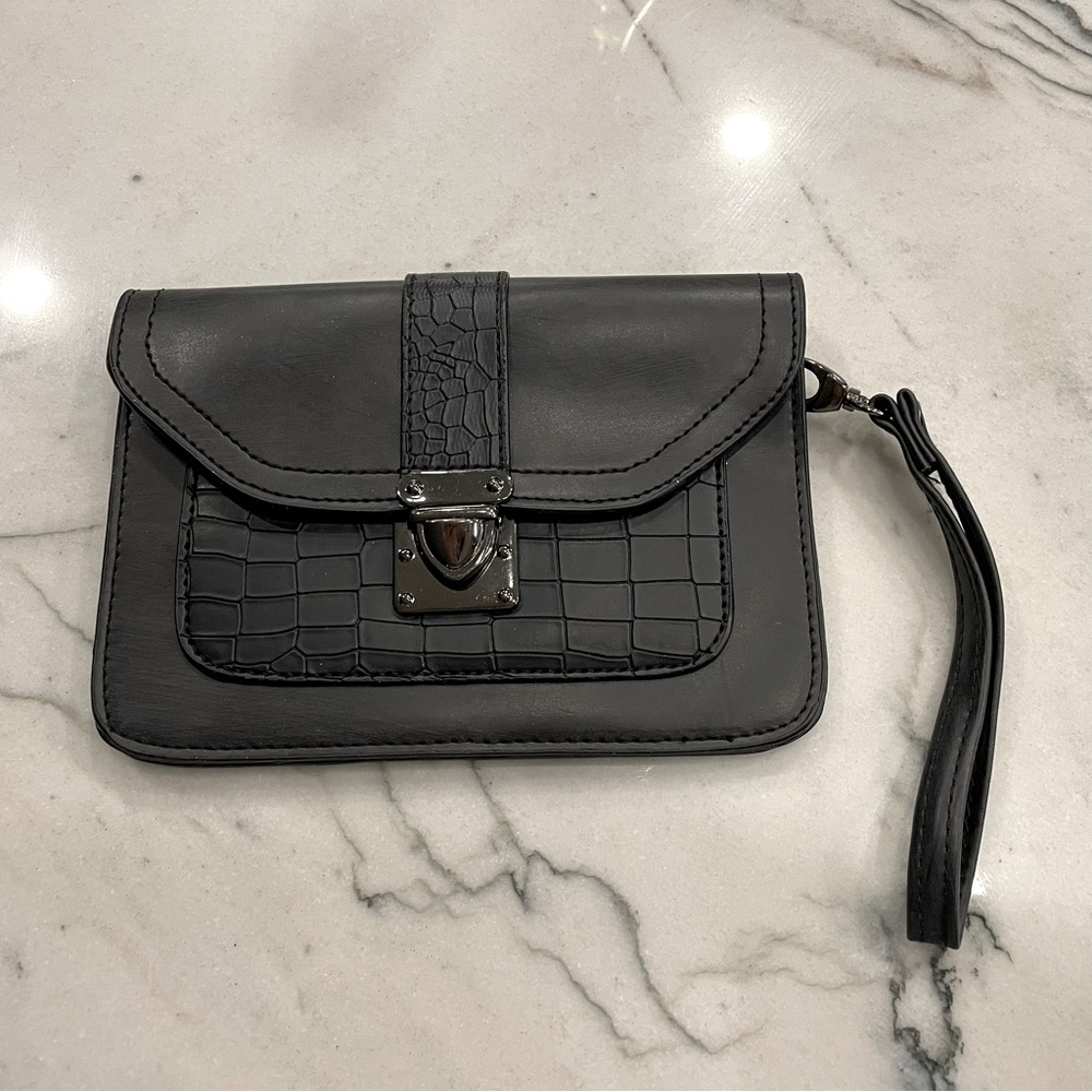 Nella Bella Black Vegan wristlet with crocodile accent and black metal clasp